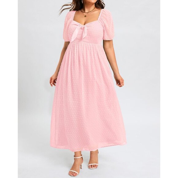 Plus Size Summer Dress Light Pink V-Neck Tie Front Maxi Swiss Dot - Picture 3 of 6